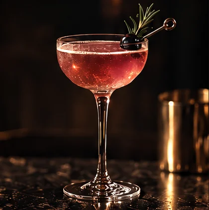 Illustrative rose-colored cocktail in a stemmed crystal glass