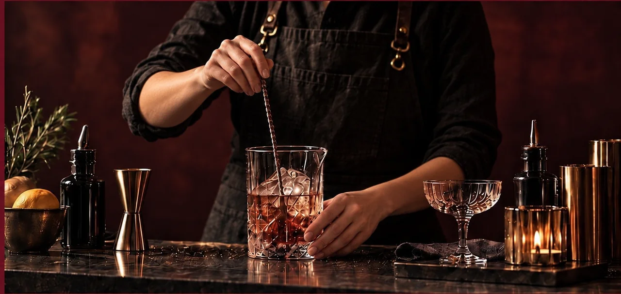 Illustrative close-up of a woman stirring a cocktail in cut-crystal glassware